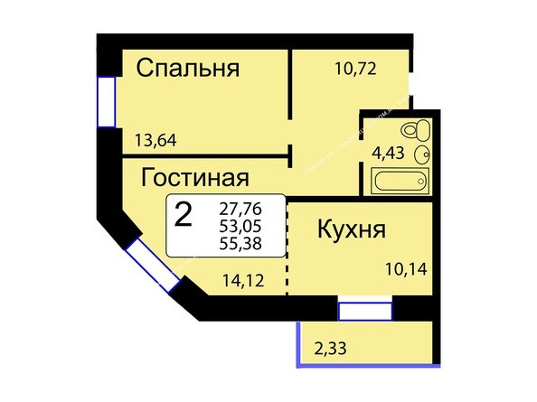 Б/С - 14. Планировка двухкомнатной квартиры 55,38 кв.м. Этажи 1-9.