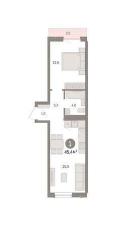 Планировка 1-комн 45,43 м²