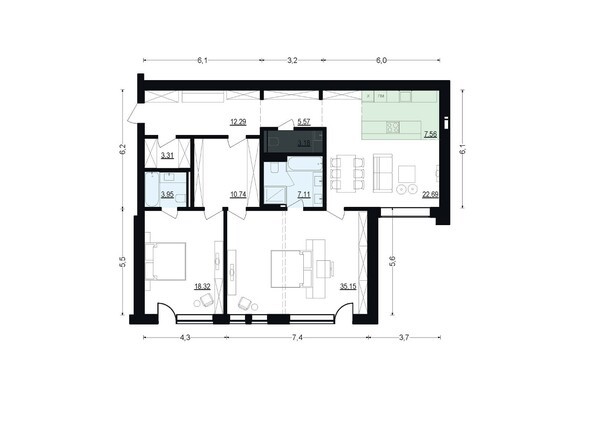 Планировка трехкомнатной квартиры 129,87 кв.м