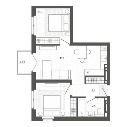 Планировка 3-комн 53,45 м²
