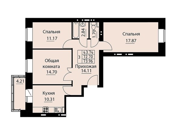 Планировка трехкомнатной квартиры 73,96 кв.м