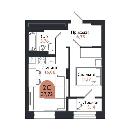 Планировка 2-комн 37,13 - 37,72 м²