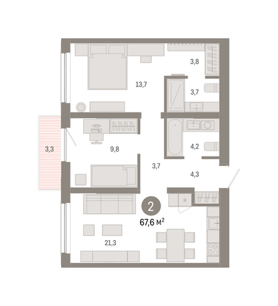 Планировка 2-комн 67,63, 67,64 м²