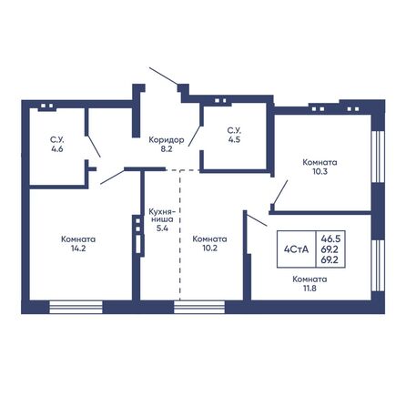 Планировка 4-комн 69,2, 69,3 м²