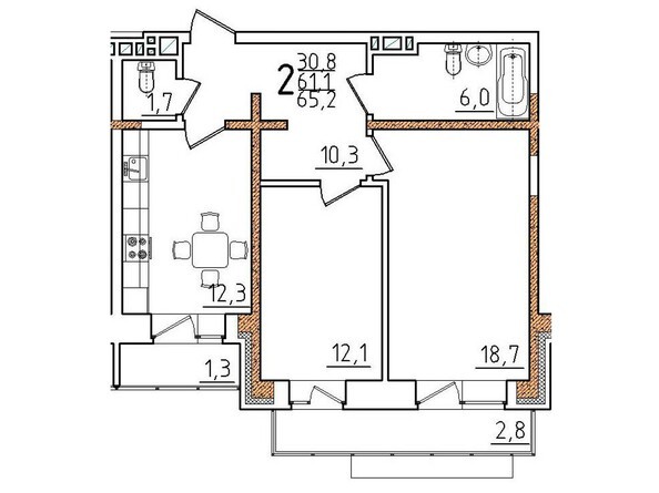 Планировка двухкомнатной квартиры 65,2 кв.м