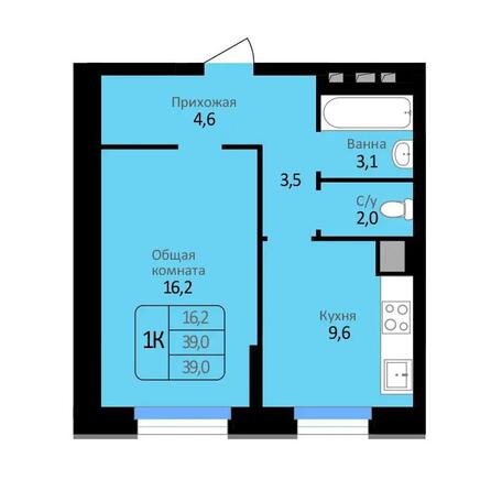 Планировка 1-комн 39 м²