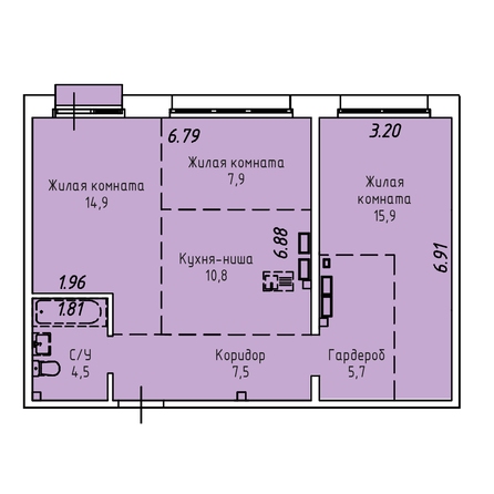 Планировка 3-комн 67,9 м²