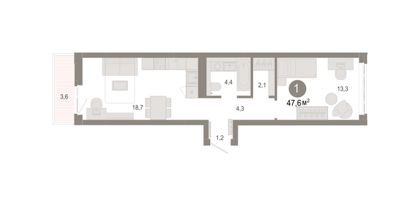 Планировка 1-комн 47,64, 47,81 м²