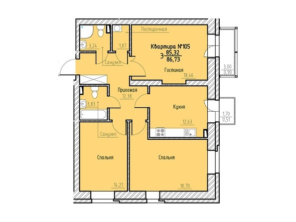 Планировка трехкомнатной квартиры 86,73 кв.м
