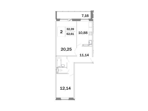 Планировка двухкомнатной квартиры 62,61 кв.м