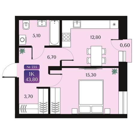 Планировка 1-комн 43,5 - 43,8 м²