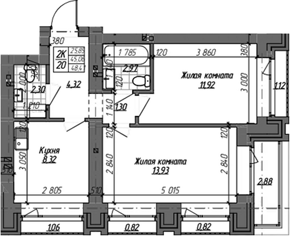 Планировка 2-комн 45 м²