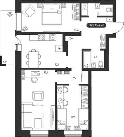 Планировка 3-комн 76,4 м²