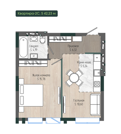 Планировка 2-комн 42,23 м²