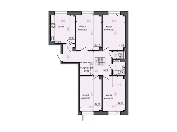 Планировка четырехкомнатной квартиры 98,63 кв.м