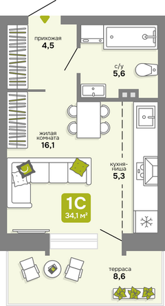Планировка Студия 34,1 м²