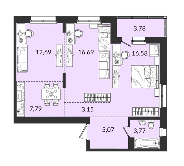 Планировка 3-комн 69,52 - 69,75 м²