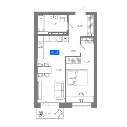 Планировка 1-комн 44,8 м²