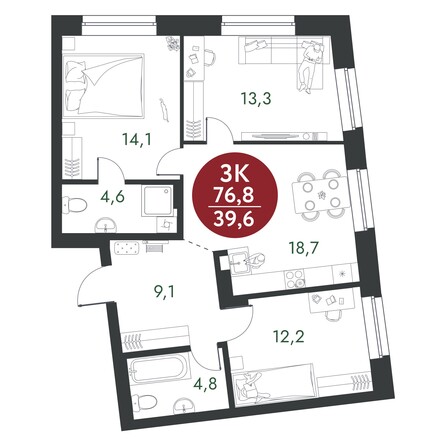 Планировка 3-комн 76,8 м²