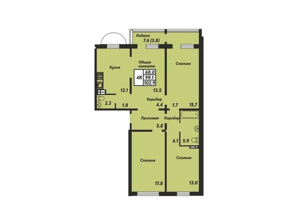Планировка 4-комнатной квартиры 102,9кв.м