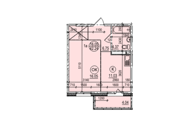 Планировка однокомнатной квартиры 42,24 кв.м