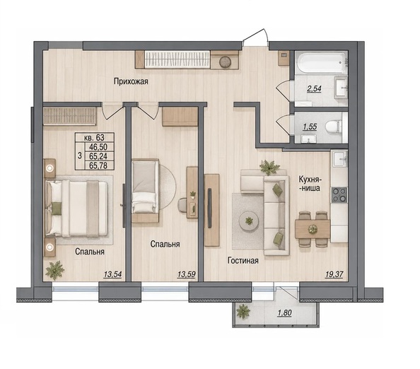 Планировка 3-комн 65,78 м²