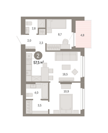 Планировка 2-комн 57,5 м²