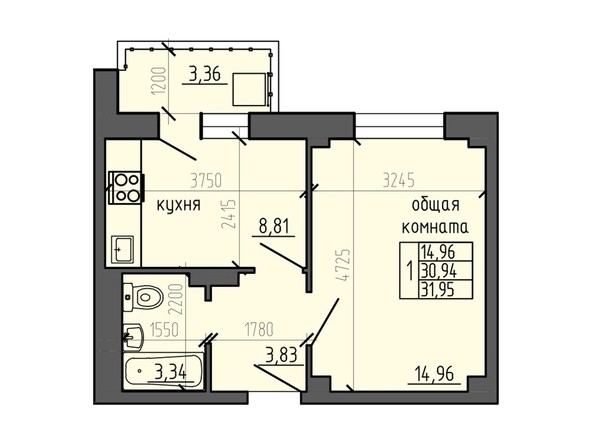 Планировка однокомнатной квартиры 31,95 кв.м