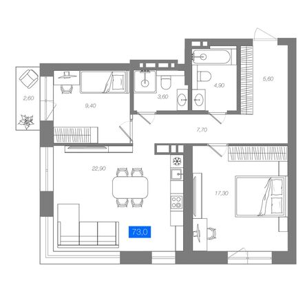 Планировка 2-комн 73 м²