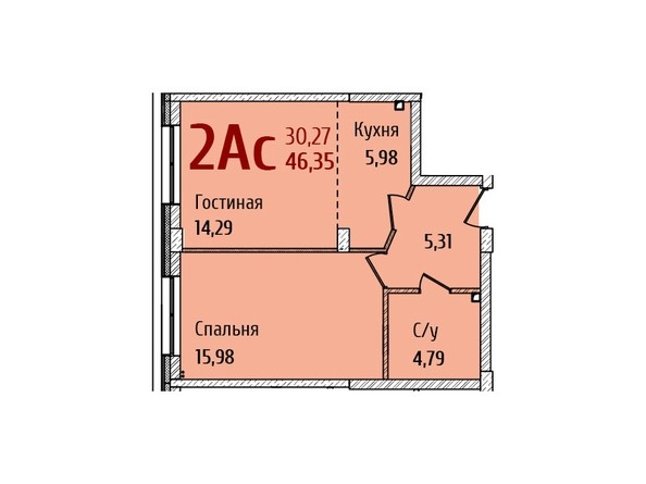 Планировка 2-комнатной квартиры 46,35 кв.м