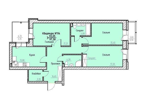 Планировка трехкомнатной квартиры 97,30 кв.м