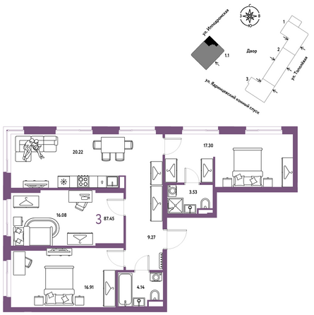 Планировка 3-комн 87,45 м²