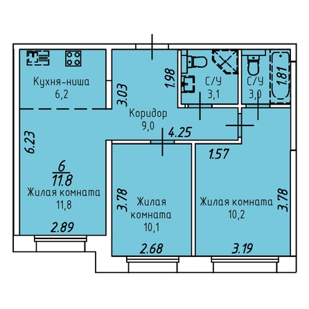 Планировка 3-комн 53,4 м²