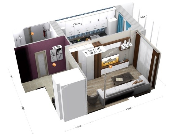 3d-макет 1-комнатной квартиры 37,57 кв.м