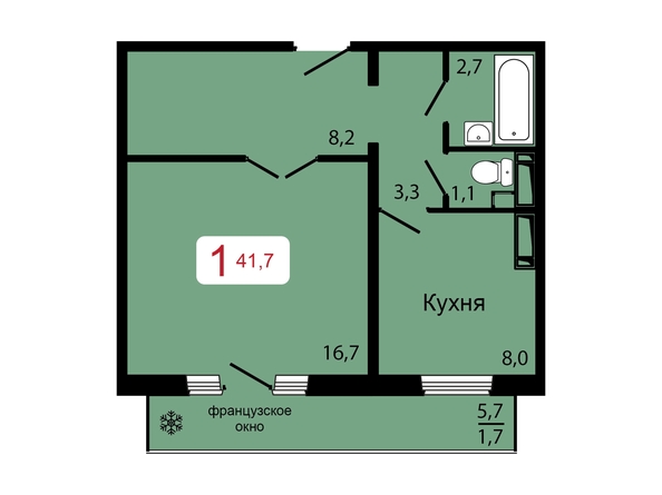 Планировка 1-комн 41,7 м²