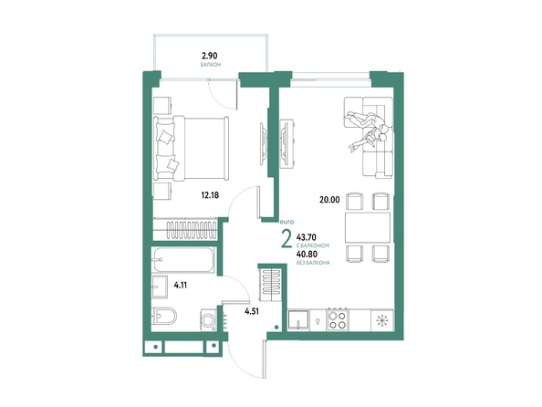 Планировка 2-комн 40,8, 43,7 м²