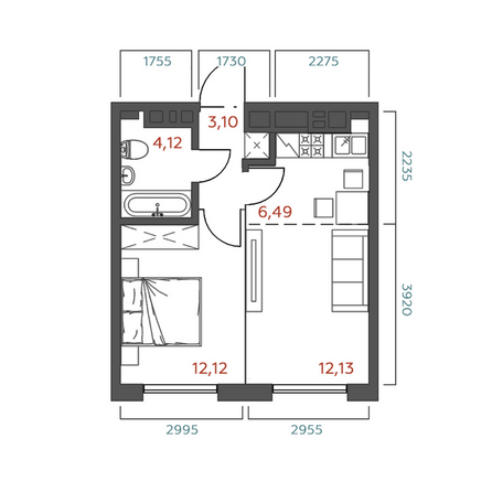 Планировка 1-комн 37,75, 37,96 м²