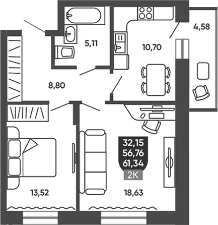 Планировка 2-комн 56,76 м²