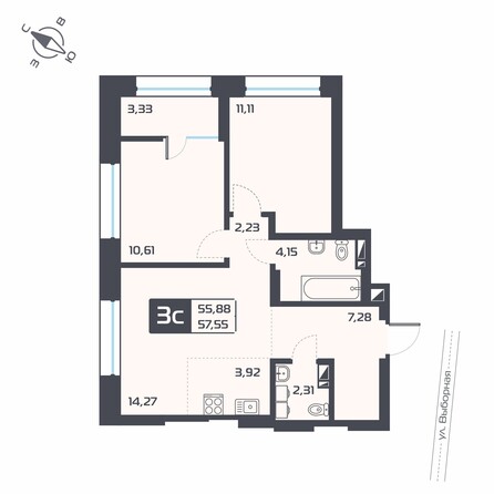 Планировка 3-комн 57,55 м²