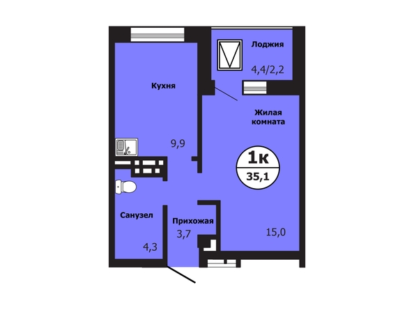 Планировка 1-комн 35,1 м²