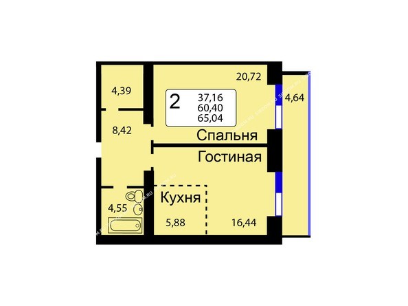 Б/С - 12. Планировка двухкомнатной квартиры 65,04 кв.м. Этажи 1-9.