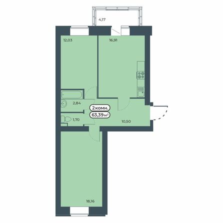Планировка 2-комн 63,39 м²
