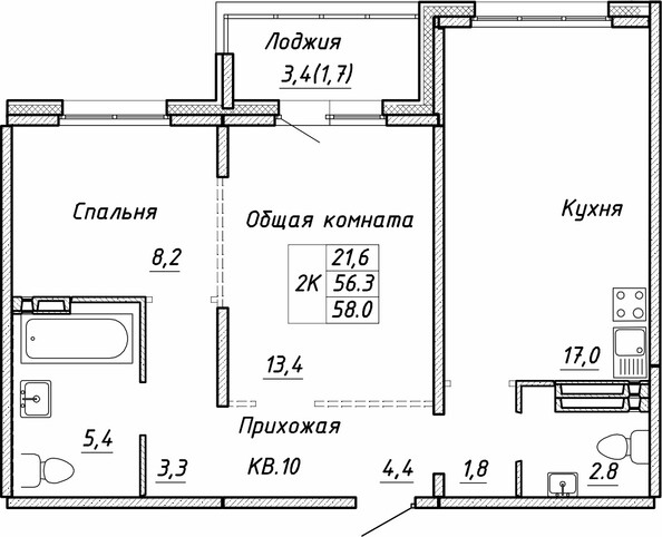 Планировка 2-комн 58 м²