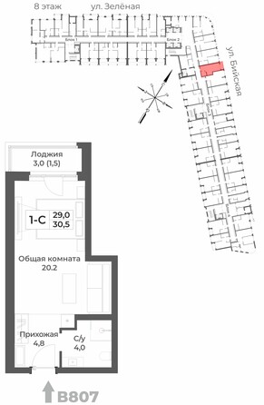 Планировка 1-комн 30,5 м²