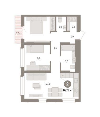 Планировка 2-комн 62,9 м²