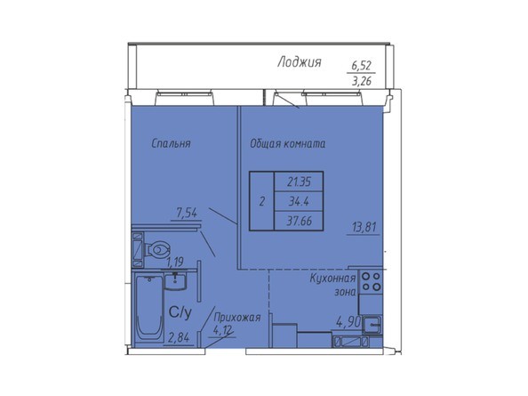Планировка двухкомнатной квартиры 37,66 кв.м