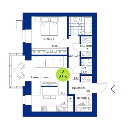 Планировка 2-комн 65,6 м²