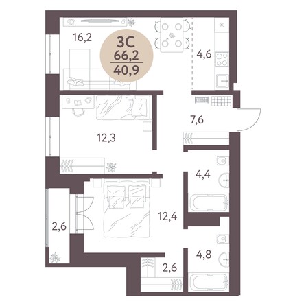 Планировка 3-комн 66,2, 66,3 м²