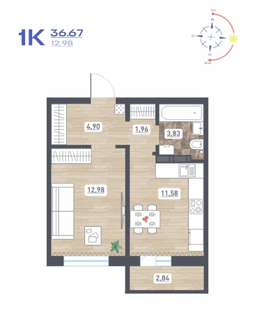 Планировка 1-комн 36,67 - 36,85 м²