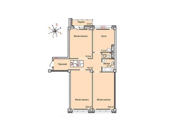 Планировка трёхкомнатной квартиры 85 кв.м